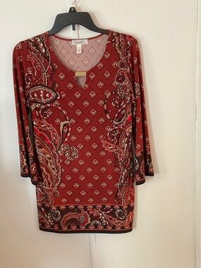 dressbarn Pink and Red Patterned Top with Gold Accent